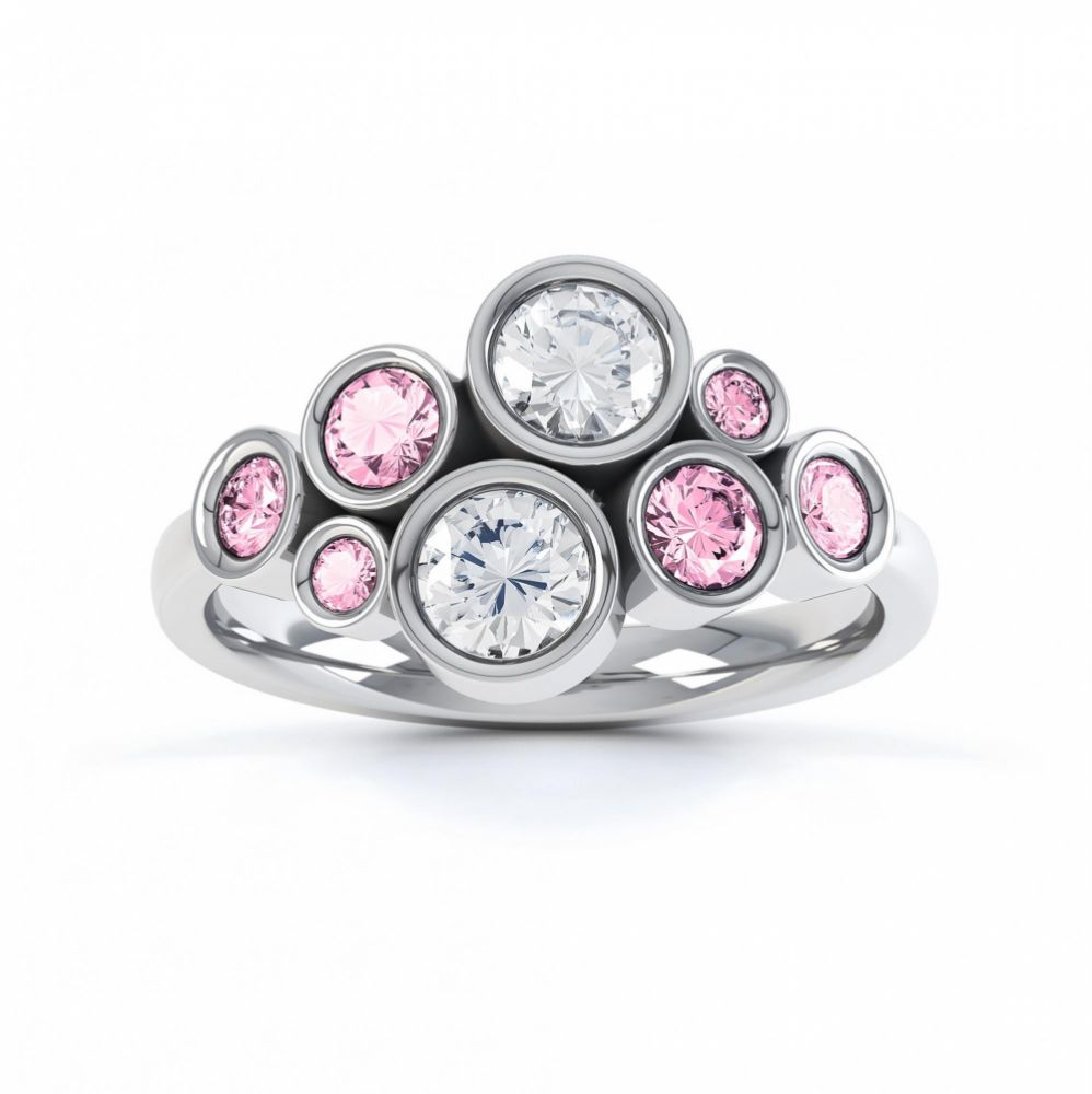 Pink sapphire and diamond bubble ring white gold top view