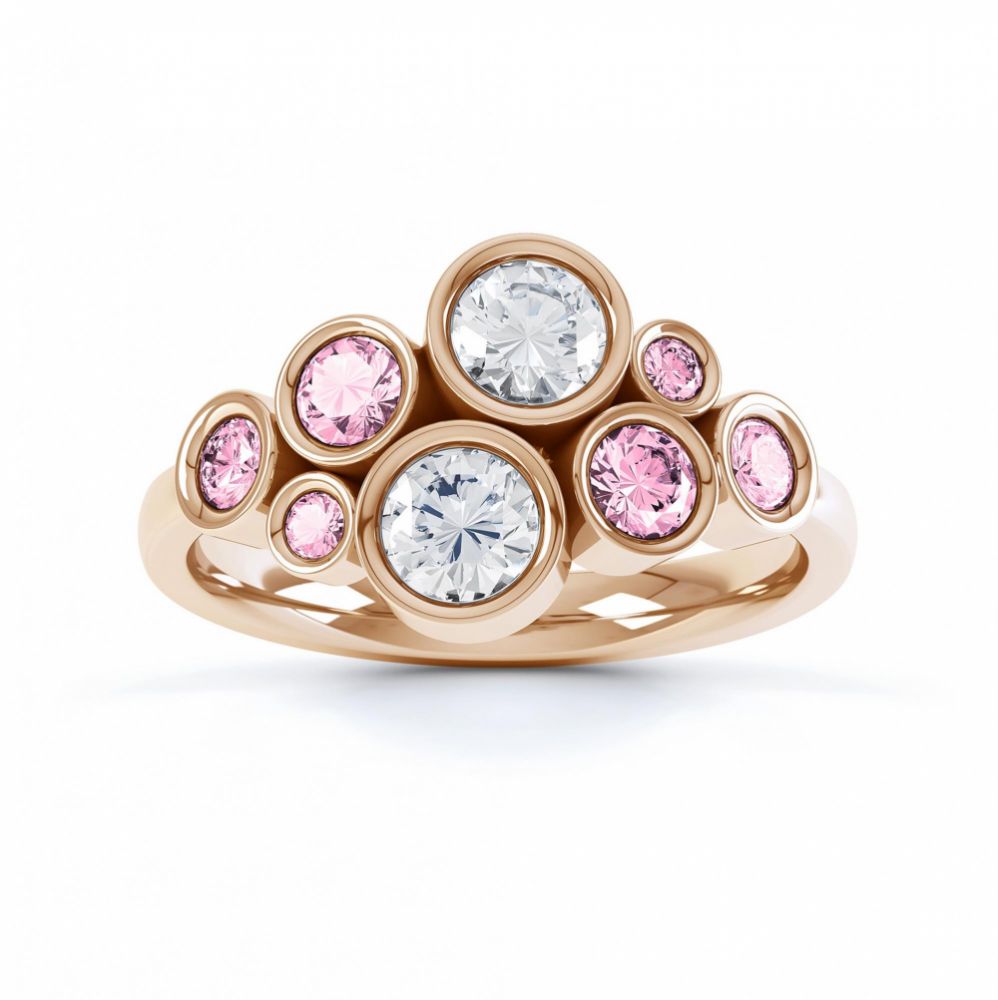 Pink sapphire and diamond bubble ring rose gold top view Pink sapphire and diamond bubble ring rose gold top view