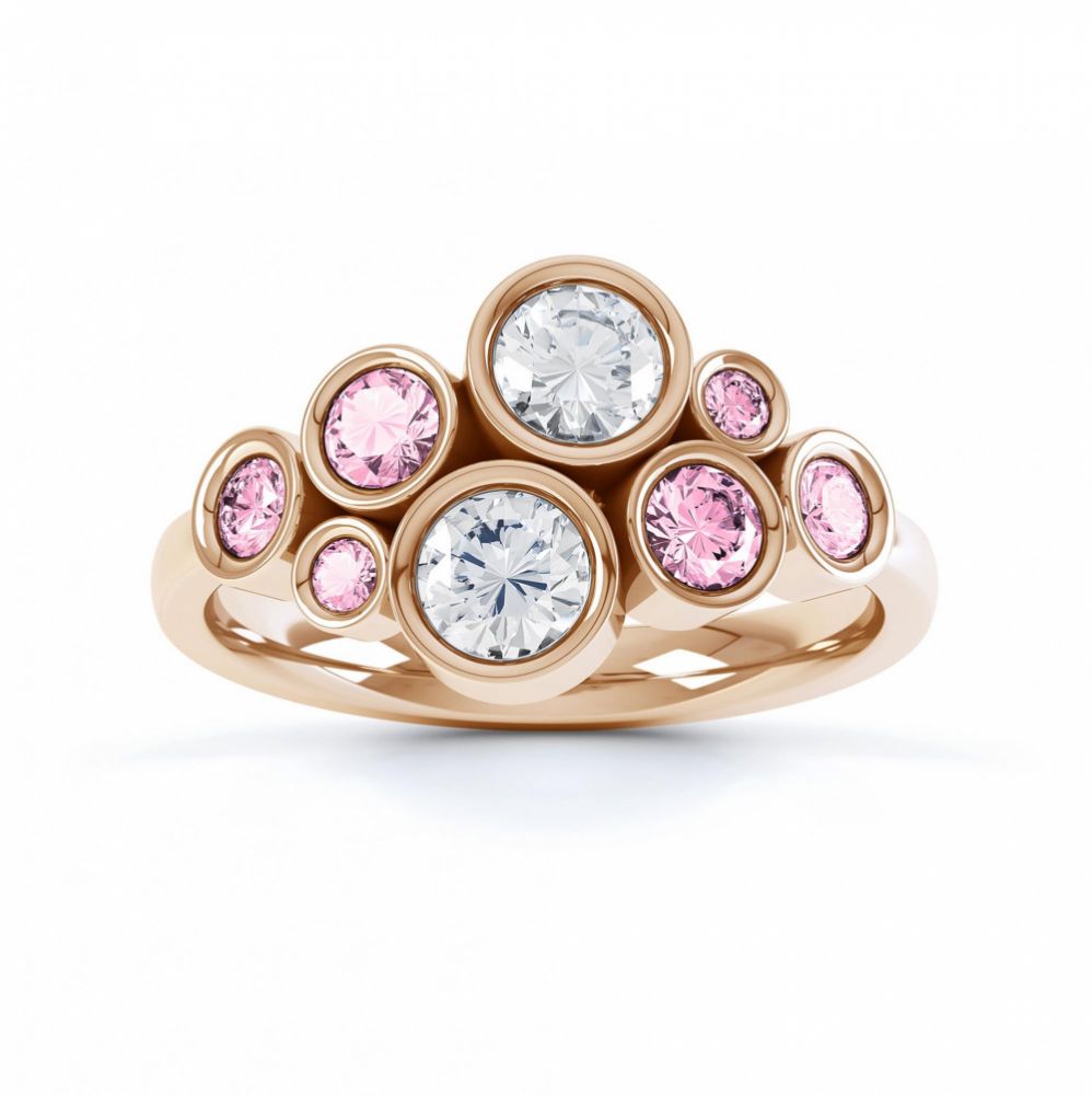 Pink sapphire and diamond bubble ring rose gold top view