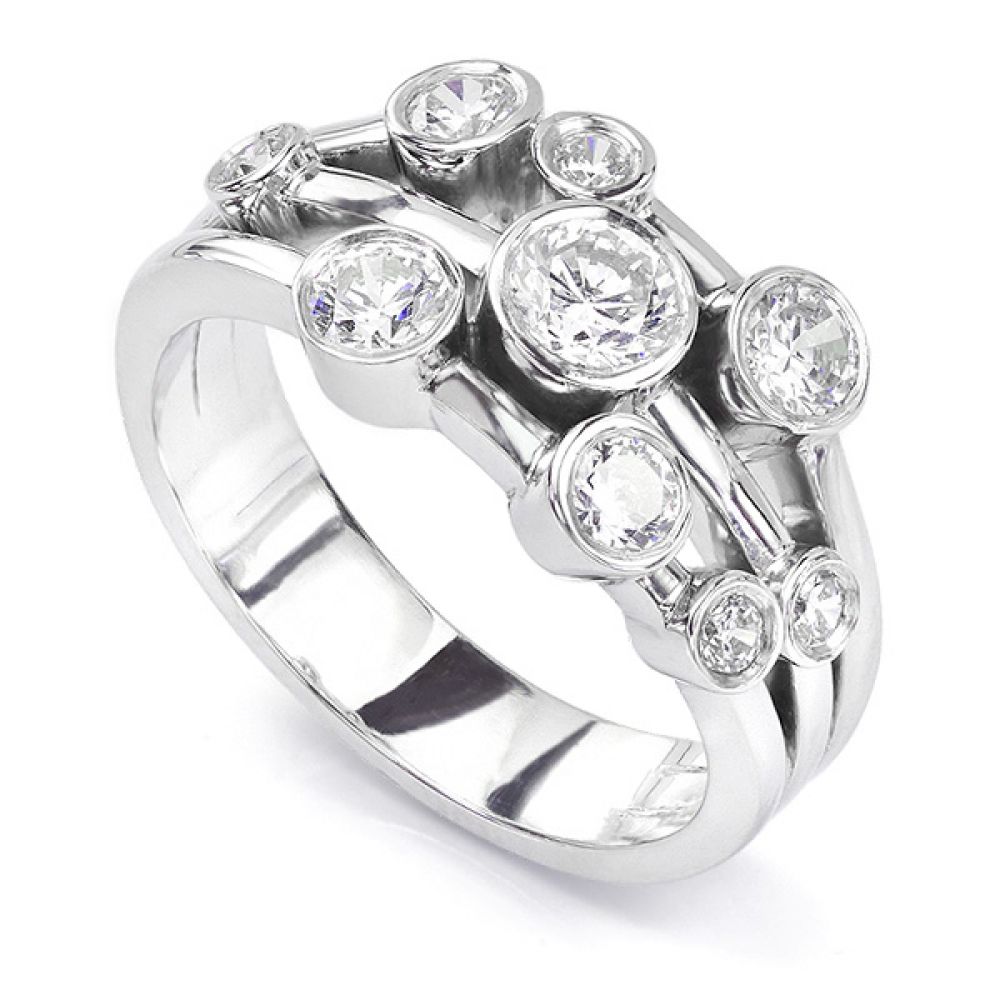 1 carat diamond bubble, raindance inspired ring in Platinum