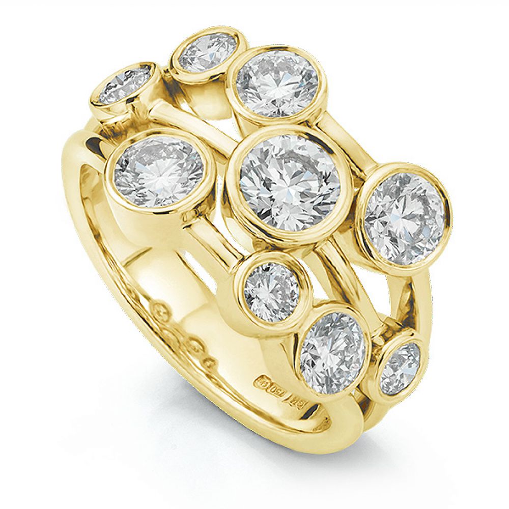 White gold 2 carat diamond raindance inspired bubble ring in yellow gold