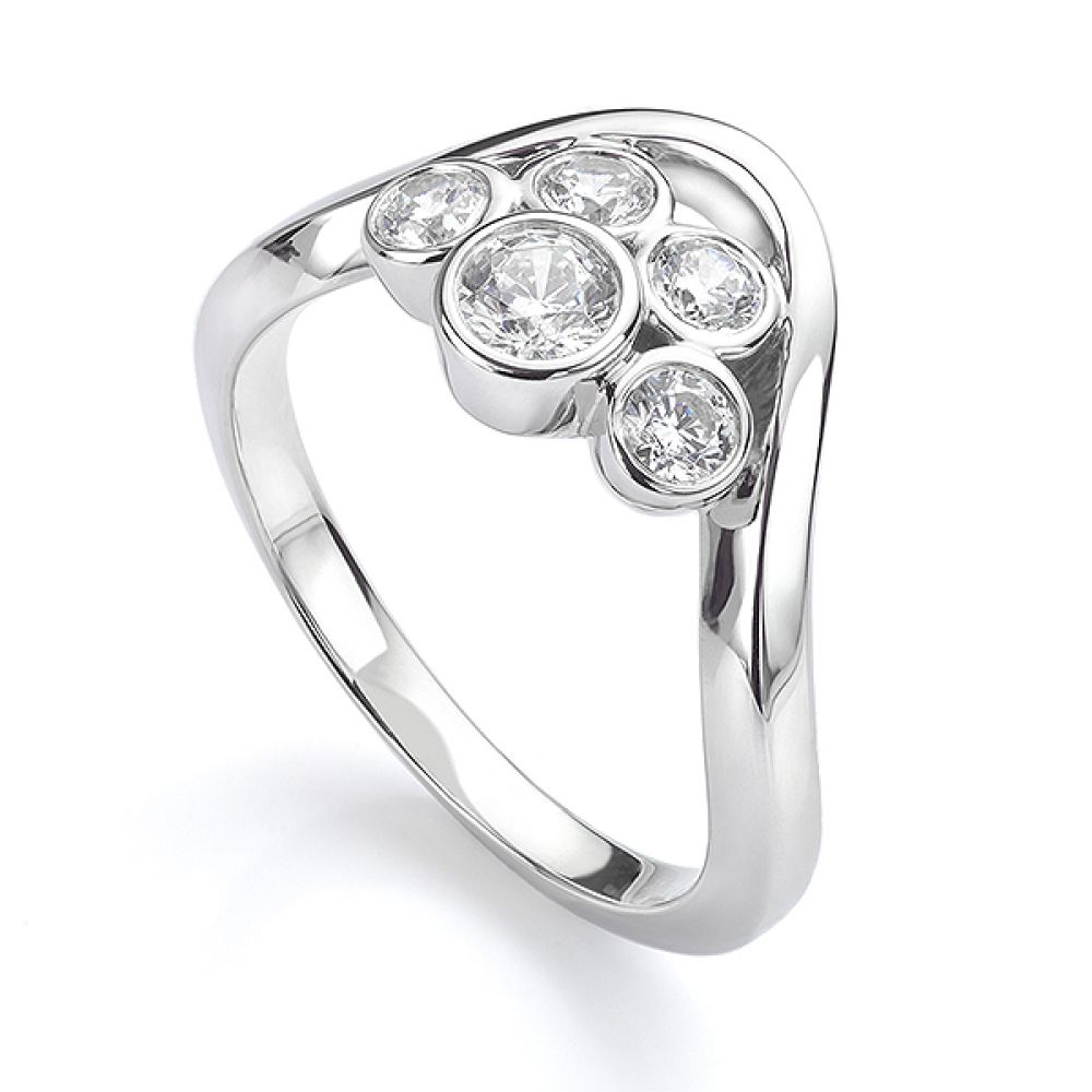 Five stone diamond bubble ring in white gold perspective view