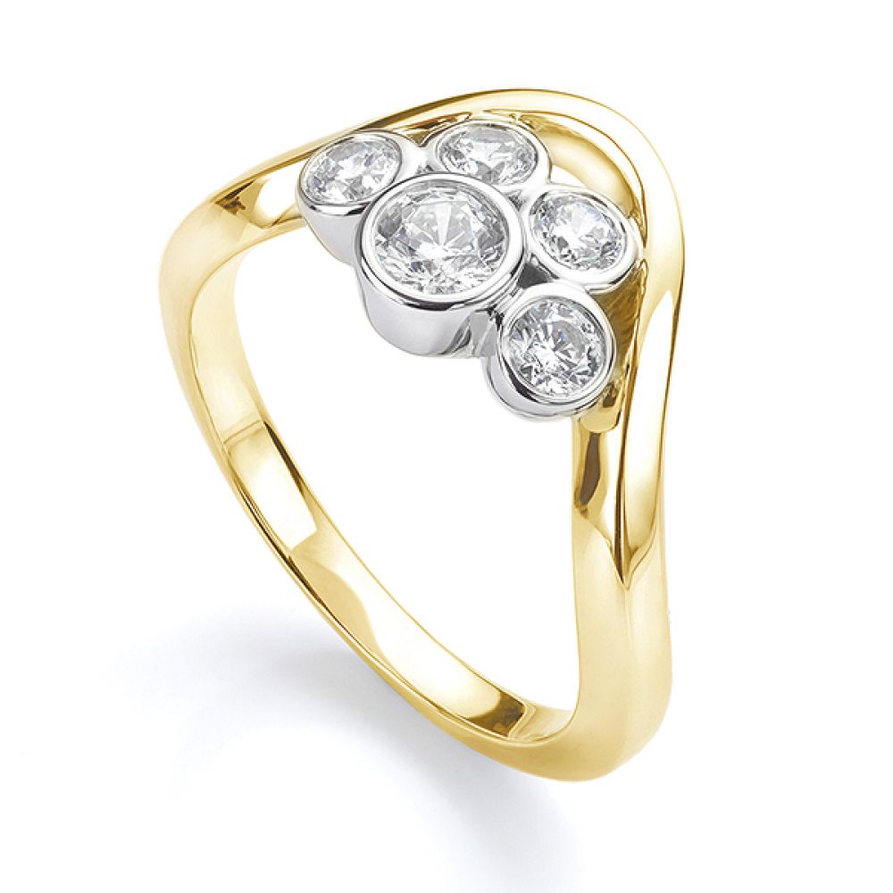 Five stone diamond bubble ring in yellow gold perspective view