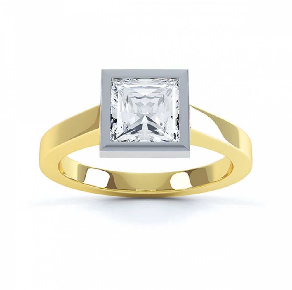 Moderne Princess cut solitaire diamond engagement ring top view yellow gold