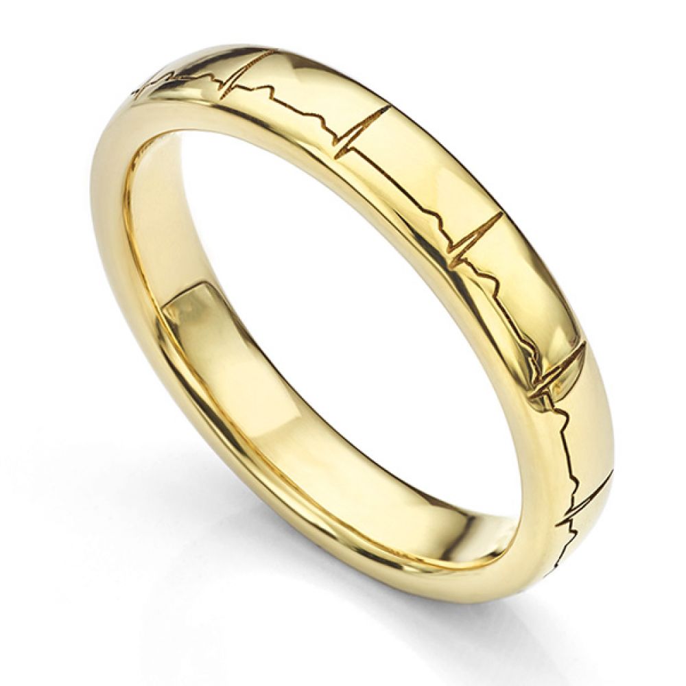 Yellow gold wedding ring engraved with a heartbeat around the outside of the ring