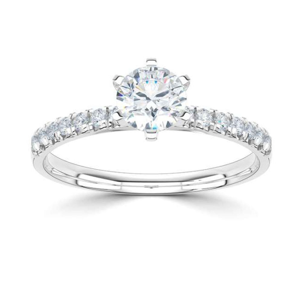Tiffany Style 6 Claw Solitaire Ring with Diamond Shoulders Top View