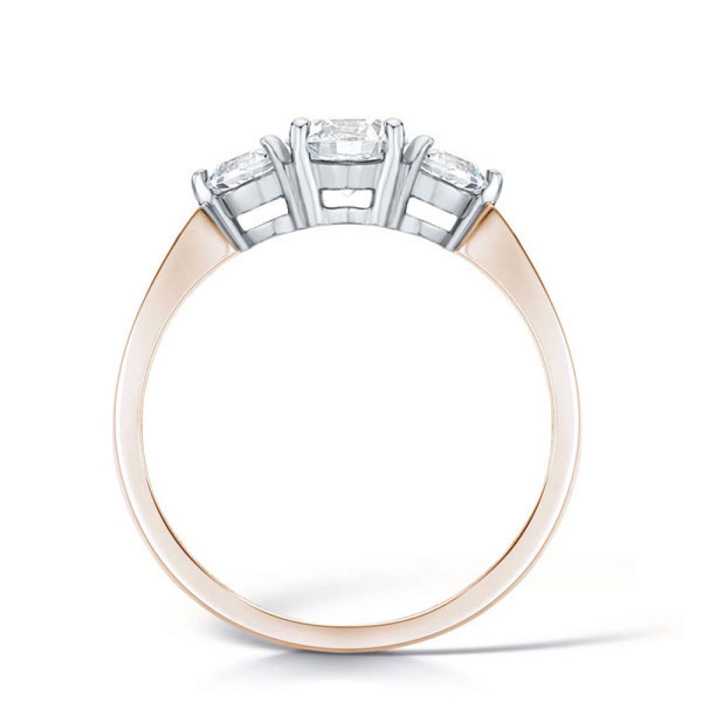 Simple Claw Set 3 Stone Diamond Engagement Ring Side View In Rose Gold Simple Claw Set 3 Stone Diamond Engagement Ring Side View In Rose Gold