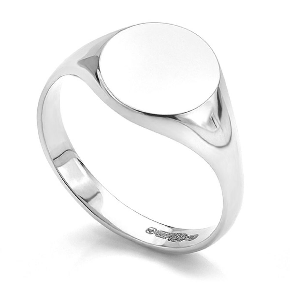 Small round engravable signet ring in white gold