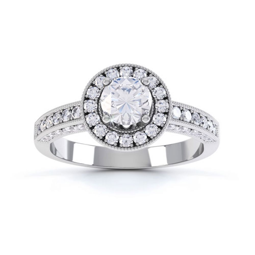 Vintage Styled Milgrain Diamond Halo Ring - White - Top