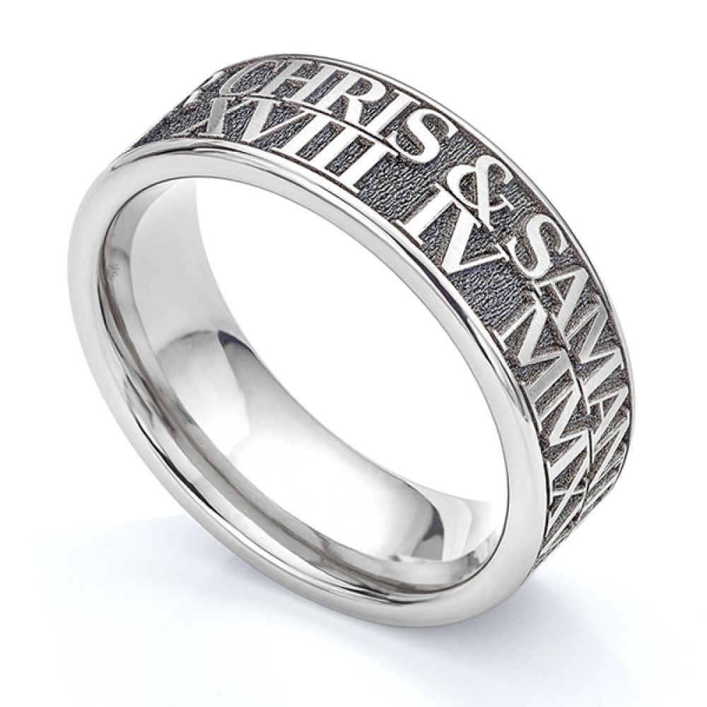 Double row engraved Titanium wedding ring with raised relief