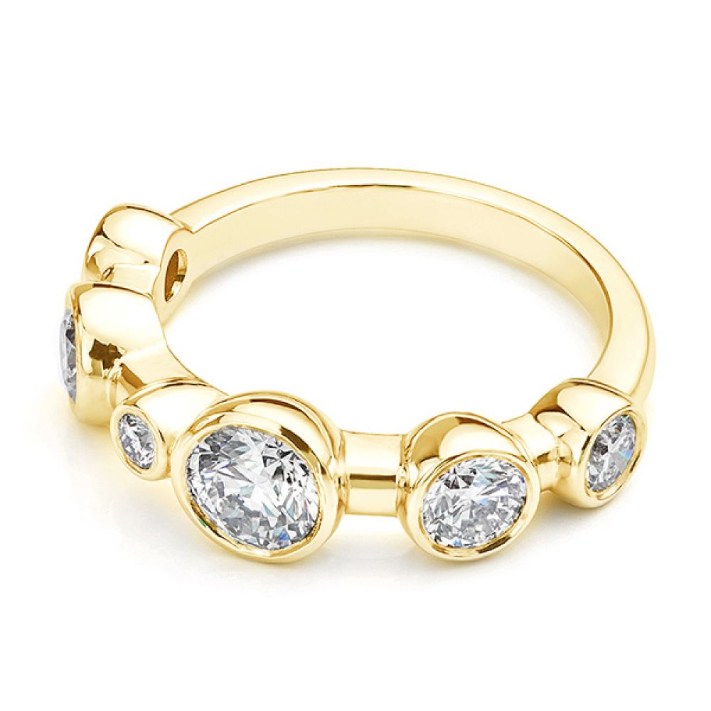 Single row diamond bubble ring, lying down view in yellow gold