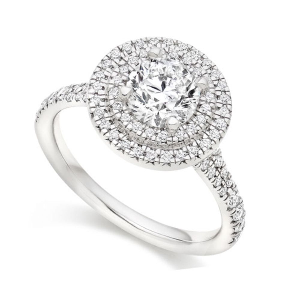 Round double halo engagement ring with diamond shoulders