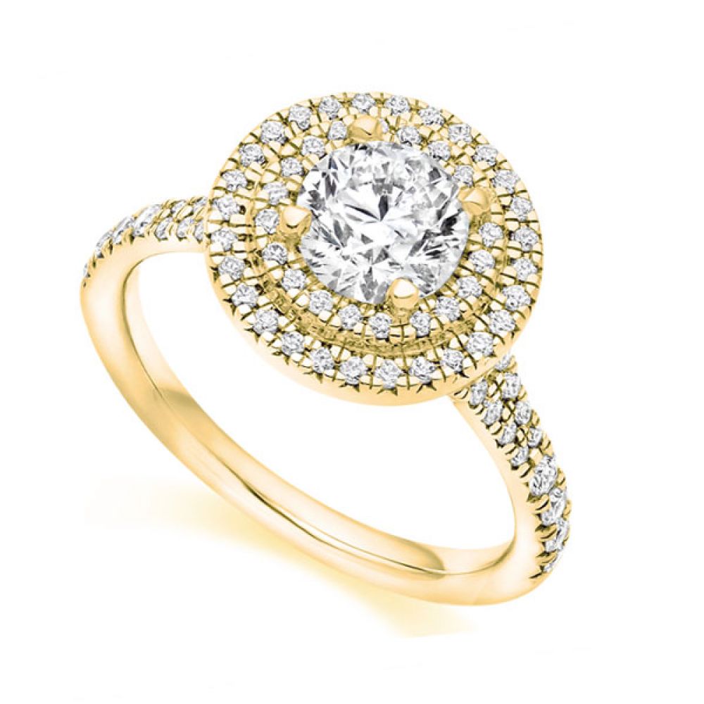 Double Halo with Diamond Set Shoulders - Yellow Gold