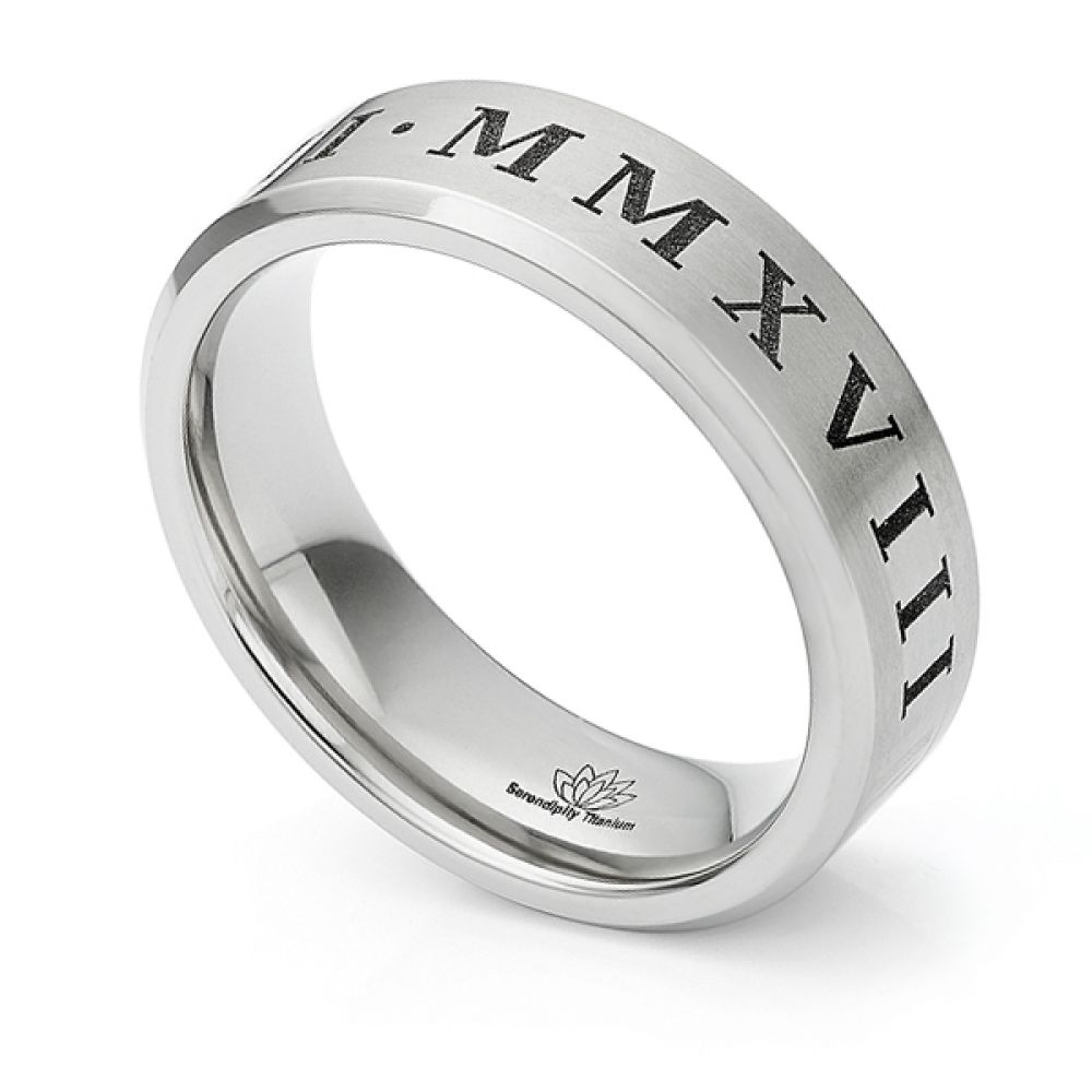 Titanium Roman Numeral engraved wedding ring in Titanium Titanium Roman Numeral engraved wedding ring in Titanium featuring bevelled edges and a satin finish.