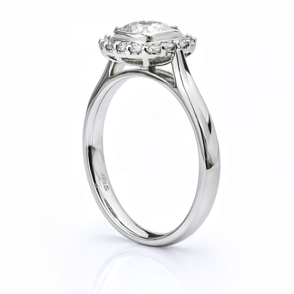 Eclipse Cushion cut diamond halo engagement ring white gold side view