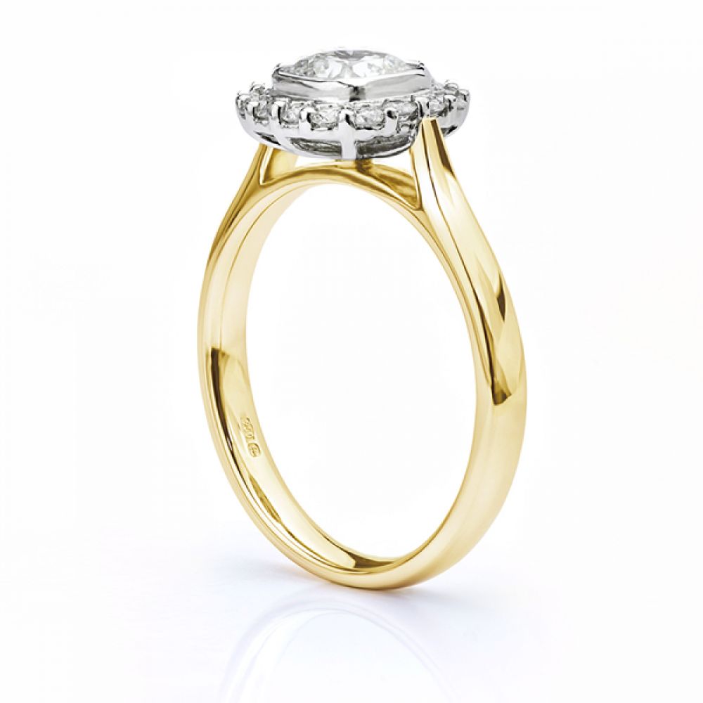 Eclipse Cushion cut diamond halo engagement ring yellow gold side view