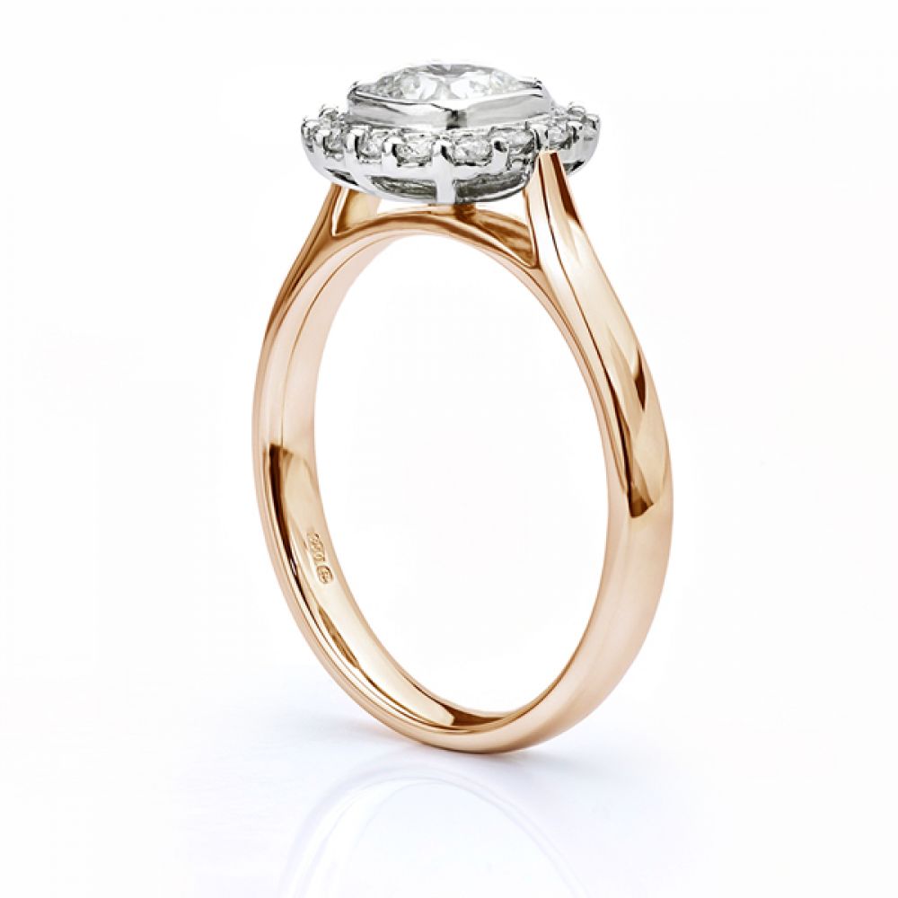 Eclipse Cushion cut diamond halo engagement ring rose gold side view