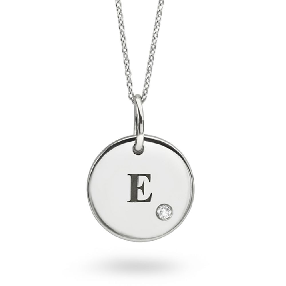 Engraved Initial Necklace in White Gold with Diamond