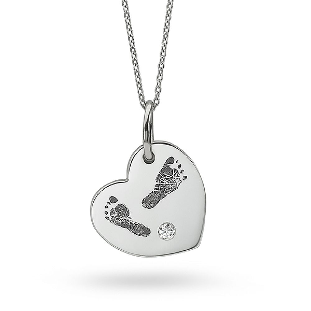 Footprint Engraved Necklace with Diamond in Heart Shaped Design