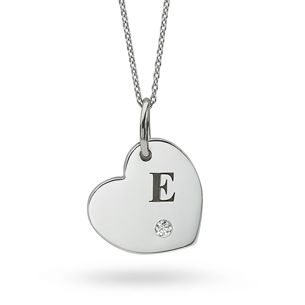 Letter Engraved Heart Shaped Diamond Pendant in White Gold