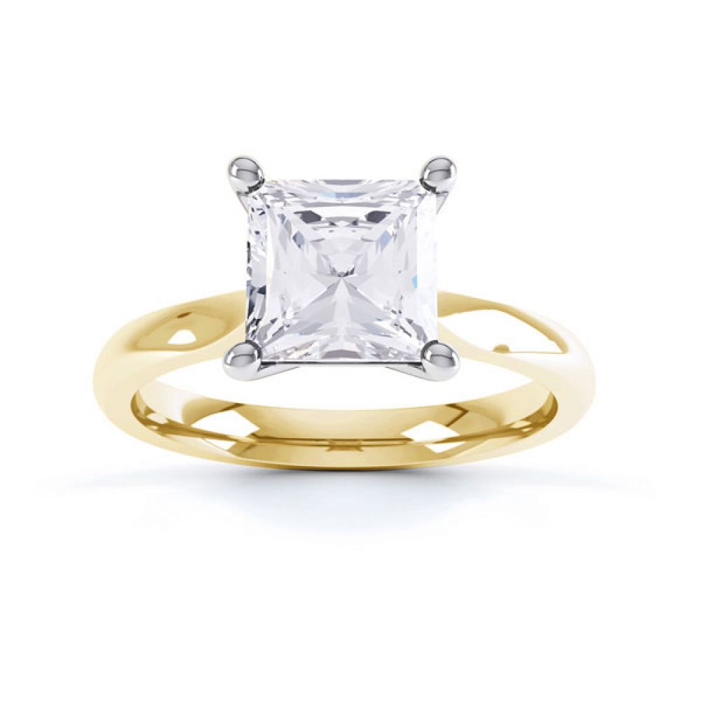 High 4 Prong Princess Cut Diamond Engagement Ring Side View Birdseye View Yellow Gold