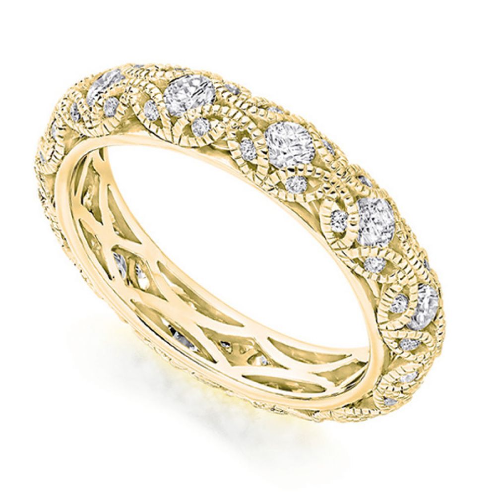 Rococo 1 carat diamond encrusted full eternity ring in Yellow Gold