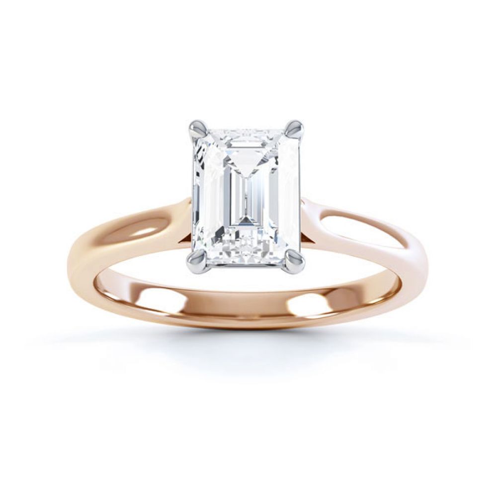 Simple 4 Claw Emerald Diamond Solitaire Ring Top View Rose Gold