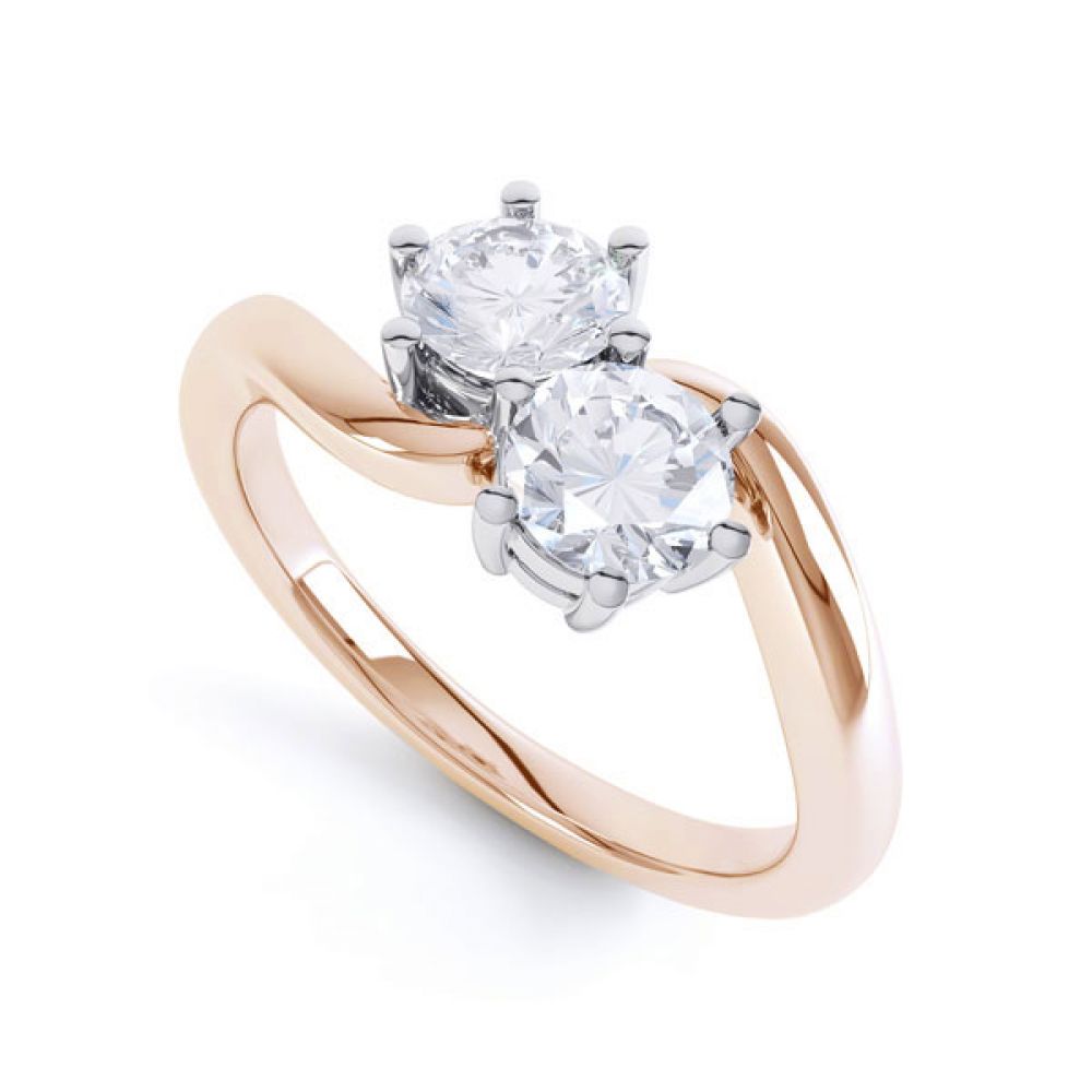 2 Stone Round Diamond Engagement Ring 6 Claw Setting In Rose Gold