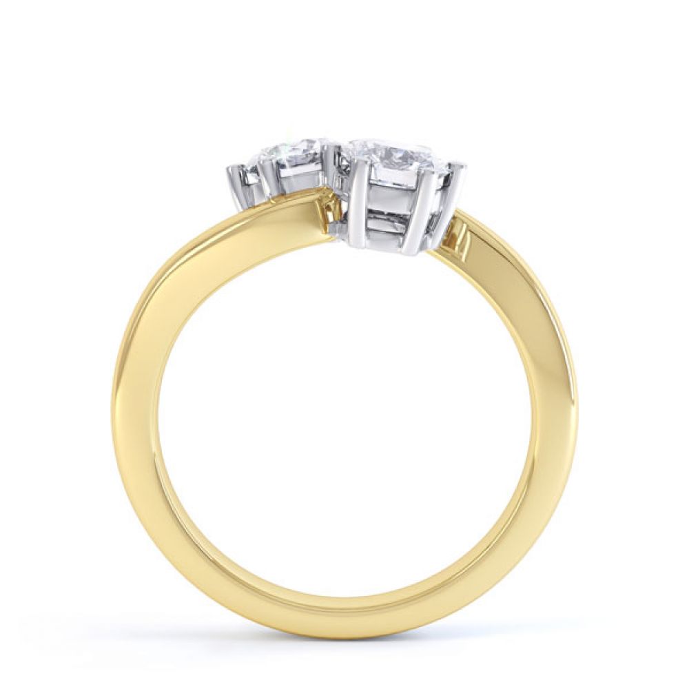 2 Stone Round Diamond Engagement Ring 6 Claw Setting Side View In Yellow Gold