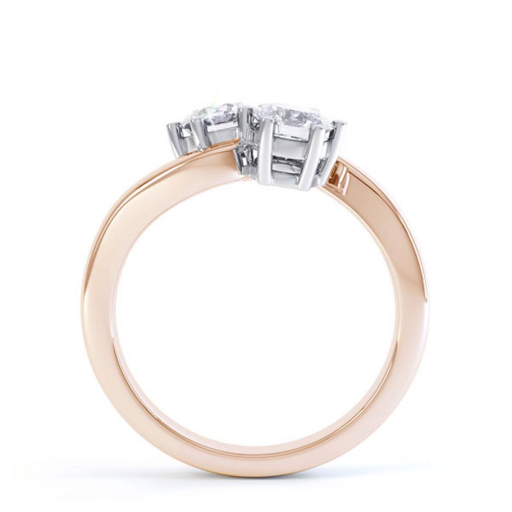 2 Stone Round Diamond Engagement Ring 6 Claw Setting Side View In Rose Gold