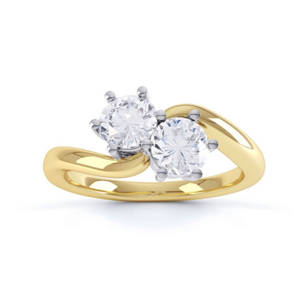 2 Stone Round Diamond Engagement Ring 6 Claw Setting Top View In Yellow Gold