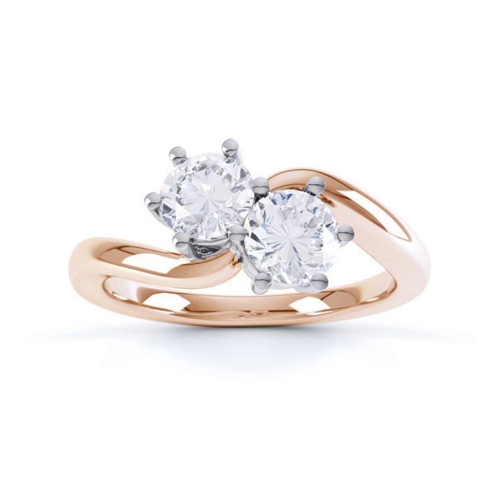 2 Stone Round Diamond Engagement Ring 6 Claw Setting Top View In Rose Gold