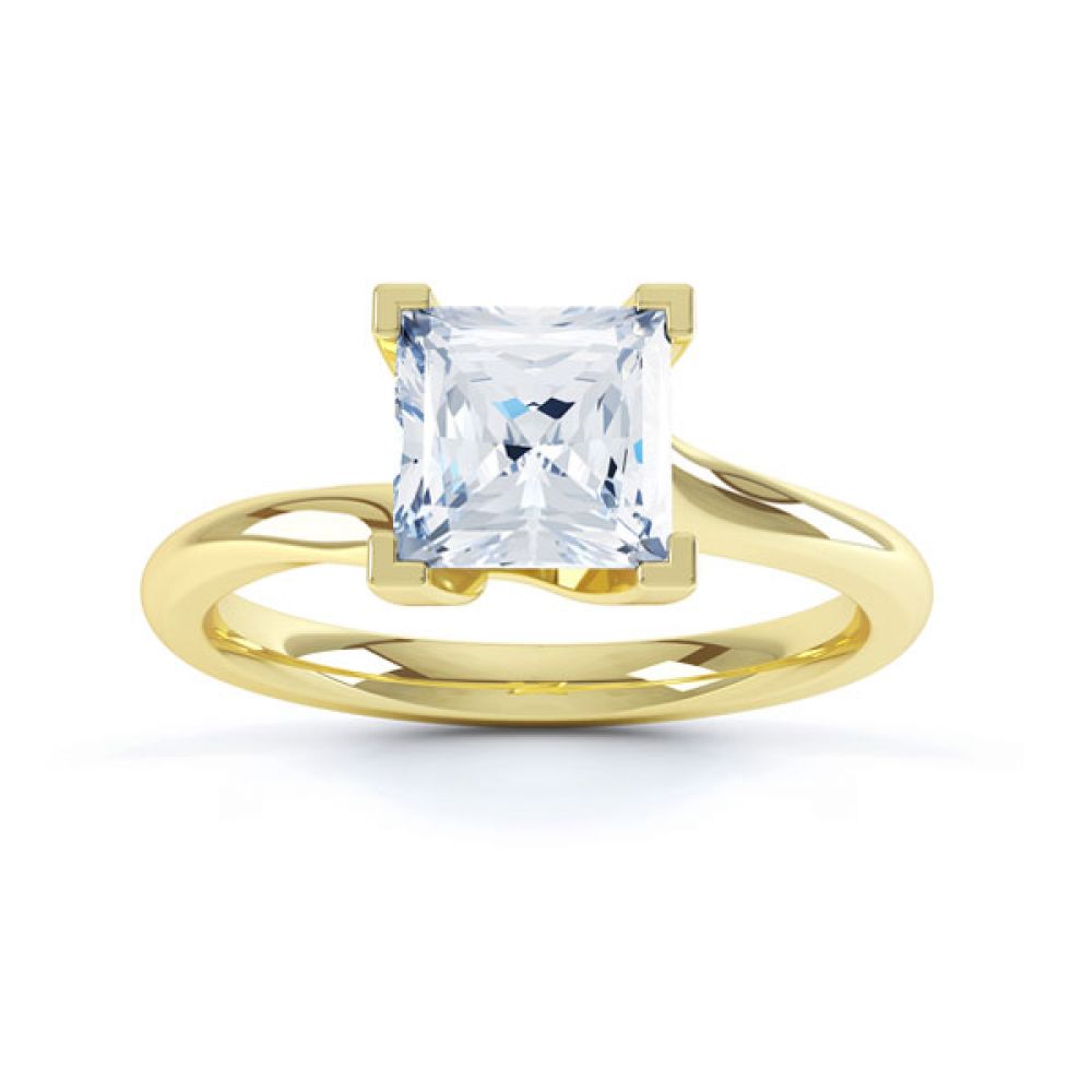 Square Princess 4 Claw Twist Engagement Ring Side Top View In Yellow Gold