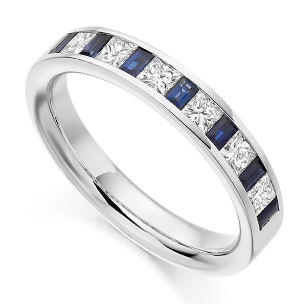 Blue Sapphire Baguette Princess Diamond Half Eternity Ring