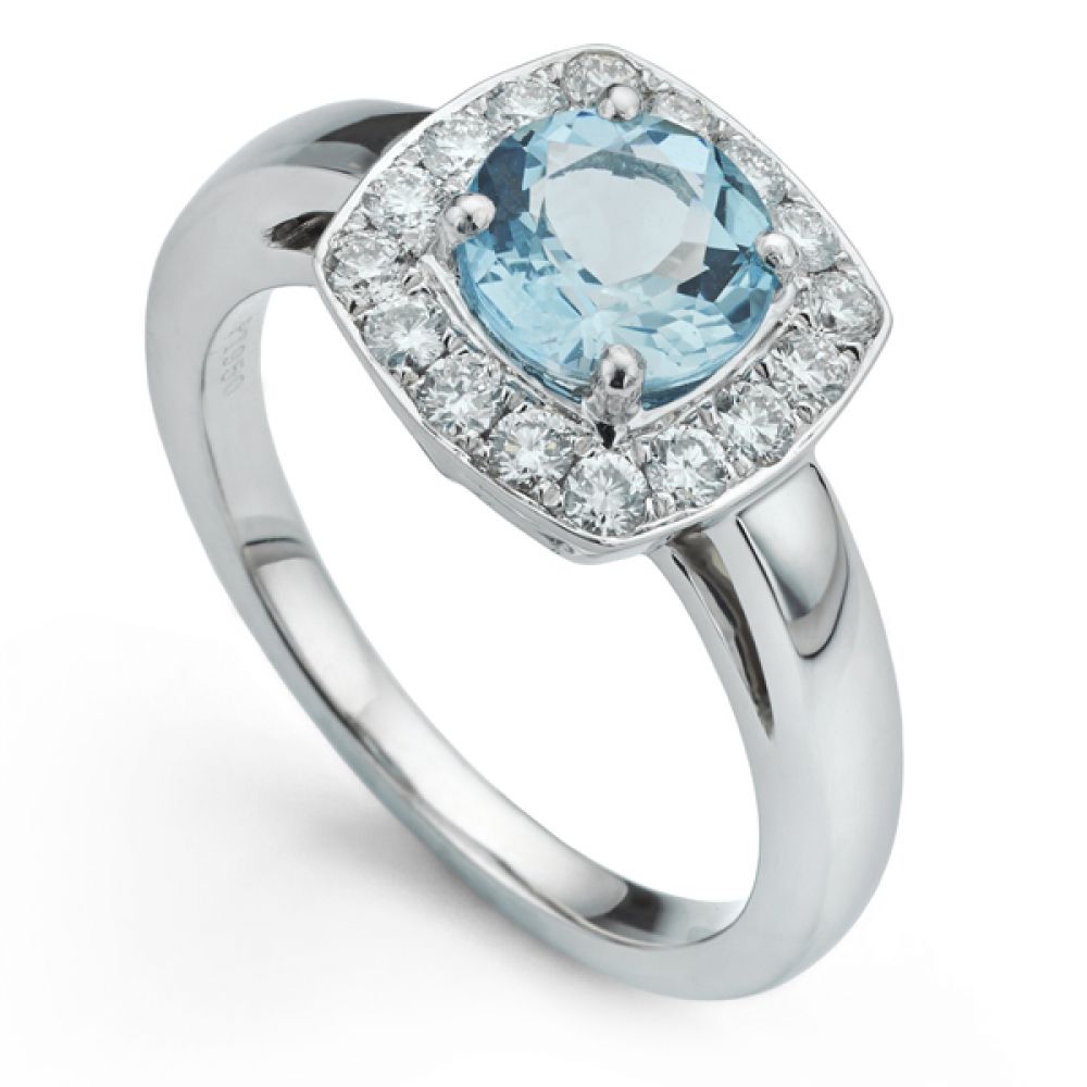 Platinum Aquamarine and Diamond Halo Engagement Ring