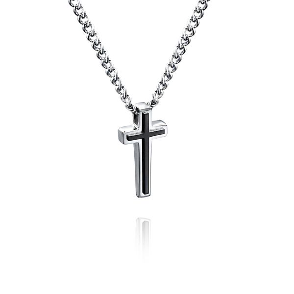 Stainless Steel Cross Pendant with Black PVD Detail