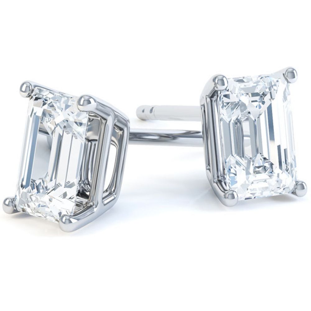 4 Claw Emerald Cut Diamond Stud Earrings