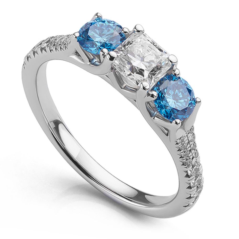 Blue Diamond 3 Stone Ring - Hearts on Fire with Blue Diamonds