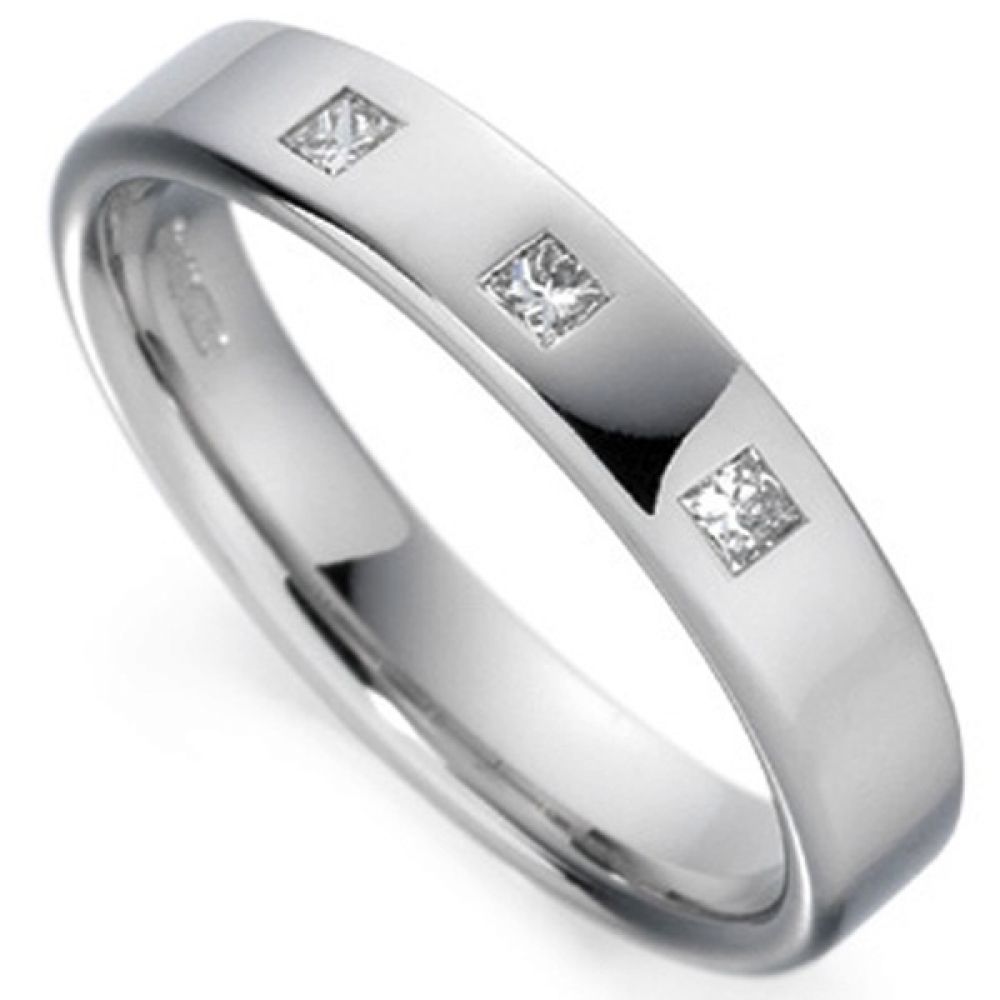 Three Diamond Flush Set Sterling Silver 3mm Wedding Ring
