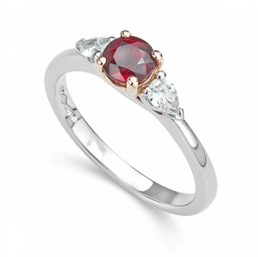 Ruby and Pear Diamond 3 Stone Engagement Ring